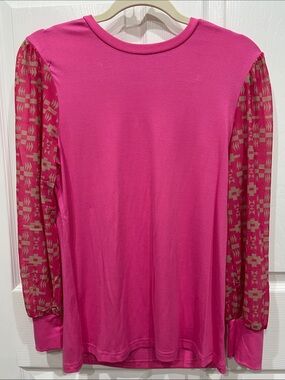 Hot Pink Long Sleeve Tee with Patterned Sheer Sleeves